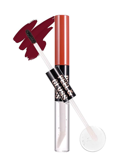 2 In 1 Peel Off Lip Stain Oil Set, Dual Ended Waterproof Long Wear Tattoo Lipliner with Clear Lip Gloss, Transfer-Proof and Non Sticky Peel Off Lips Tint Stain, Matte & Mirror Finish Lipstick-05