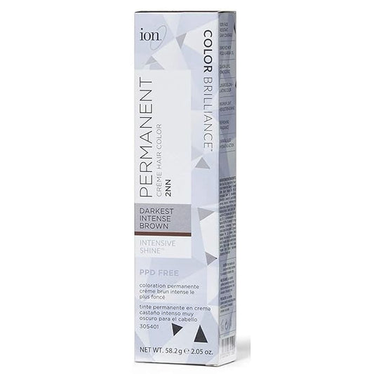 Ion Color Brilliance 2NN Darkest Intense Brown Permanent Creme Hair Color, Paraphenylenediamine Free, Nourishing, 100% Gray Coverage, Vegan and Cruelty Free, 2.05 Ounce