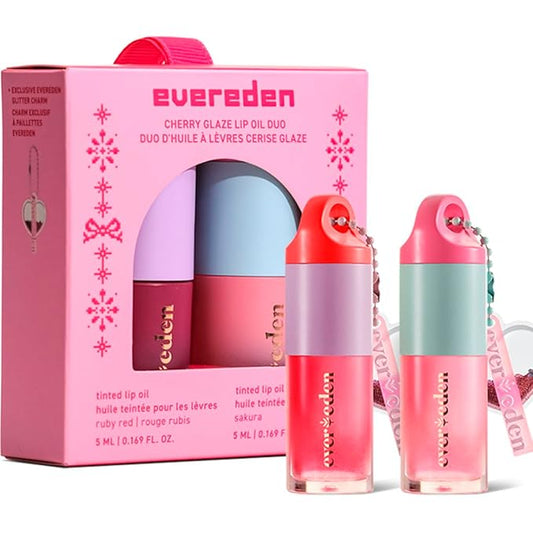 Evereden Kids Tinted Non Toxic Lip Gloss Kit: Ruby Red & Sakura Pink, Non Toxic and Vegan Makeup for Kids - Hydrating Lip Gloss with Sunflower, Avocado, Grapeseed Oils - Gift Set with a Box