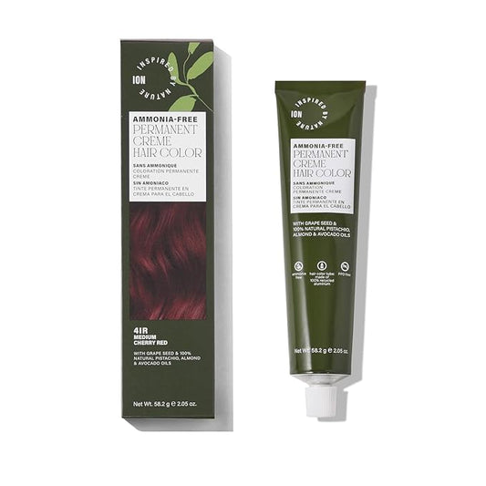 ion Inspired By Nature Permanent Hair Color Medium Cherry Red 4IR, made from 100% naturallyderived polymers, cruelty free, vegan, PPD free, recyclable packaging, 2.05 oz