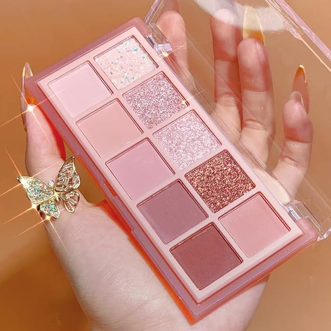 Erinde 10 Colors Eyeshadow Palette Makeup - Matte Shimmer Glitter Eye Shadow, Natural-Looking Korean Eye Makeup, Ultra-Blendable, High Pigmented, Pink Eyeshadow Palette with Brush, Rose Pink