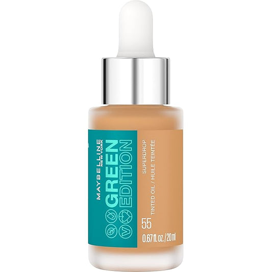 Maybelline Green Edition Superdrop Tinted Oil Base Makeup, Adjustable Natural Coverage Foundation Formulated With Jojoba & Marula Oil, 55, 1 Count