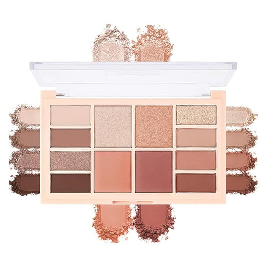12-Color Nude Neutral Eyeshadow Palette – Matte Shimmer Glitter Warm Brown Caramel Eye Shadow Kit, High Pigment Long-Lasting Blendable Natural Soft Glam Makeup Palette for Daily Wear & Beginners