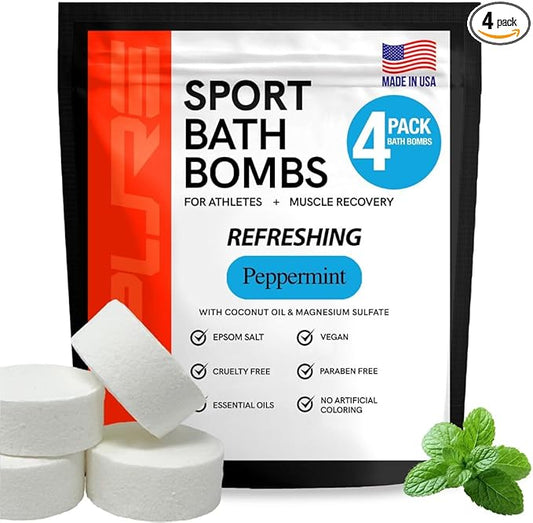 Pure Sport Peppermint Bath Bombs - Magnesium Epsom Salt and Natural Essential Oils for Soaking, Easter Basket Stuffers for Runners, Post Workout Muscle Recovery Soak for Athletes, USA Made