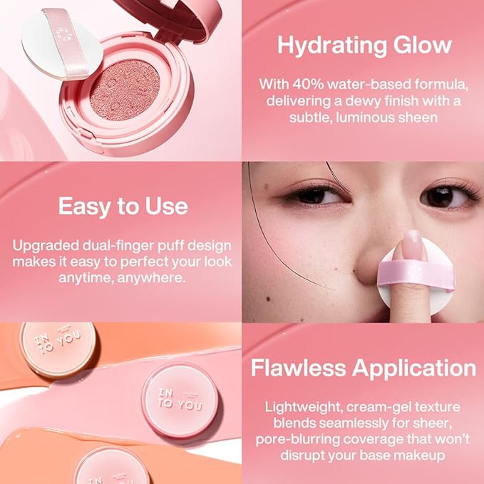 INTO YOU Cream Blush Air Cushion for Cheeks Eyes, Moisturizing, Lightweight, Dewy Finish Face Makeup, Long Wearing, Buildable, Blendable, Pigmented Liquid Blush, for All Skin Tones, Spring Apricot
