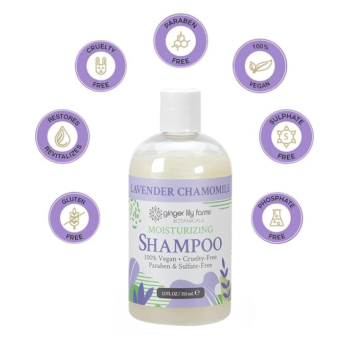 Ginger Lily Farms Botanicals Moisturizing Shampoo for All Hair Types, 100% Vegan & Cruelty-Free, Lavender Chamomile Scent, 12 Fl Oz (Pack of 6)