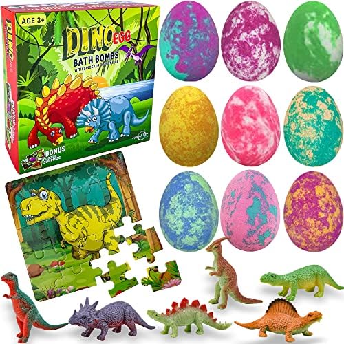 Bath Bombs for Kids with Surprise Toys Inside Plus Dinosaur Puzzle - Set of 9 Organic Dino Egg Bath Bombs with Rich Bubbles, Easter Basket Essentials