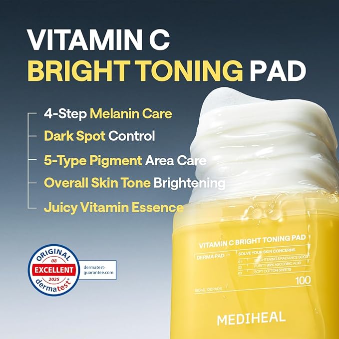 MEDIHEAL Toner Pads [Vitamin C] Bright Toning - Radiance Booster for Clear & Illuminating Skin - Contains Niacinamide for Blemish Care & Skin Toning - Vegan Stretchable Fabric Pads (100 Count)