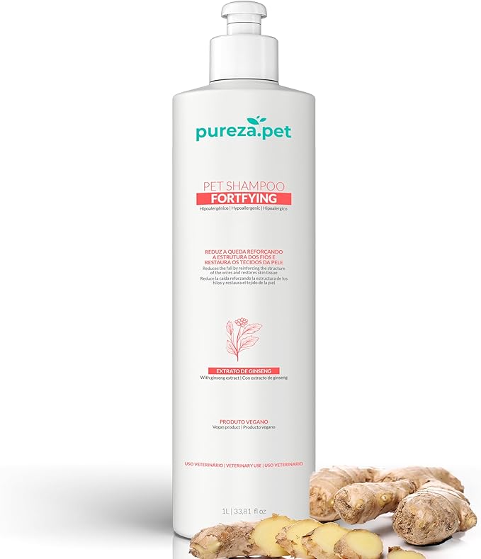 Fortifying Hypoallergenic Professional Shampoo for Pets - Hair Loss Treatment, Healthy & Strong Fur, Pet Grooming Products, Horse Cat & Dog Bath Supplies - VEGAN, Paraben-Free - 33.8fl oz - PUREZA PET