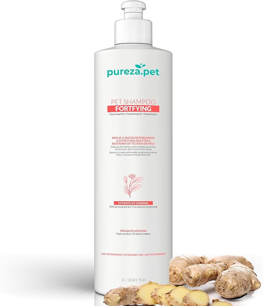 Fortifying Hypoallergenic Professional Shampoo for Pets - Hair Loss Treatment, Healthy & Strong Fur, Pet Grooming Products, Horse Cat & Dog Bath Supplies - VEGAN, Paraben-Free - 33.8fl oz - PUREZA PET