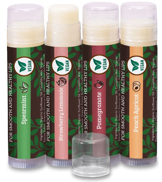 Vegan Lip Balm 4-Pack, Beeswax Free Lip Balm, Natural, Organic Flavors - Assorted Flavors, Plant Based Vegan Chapstick, Moisturizer