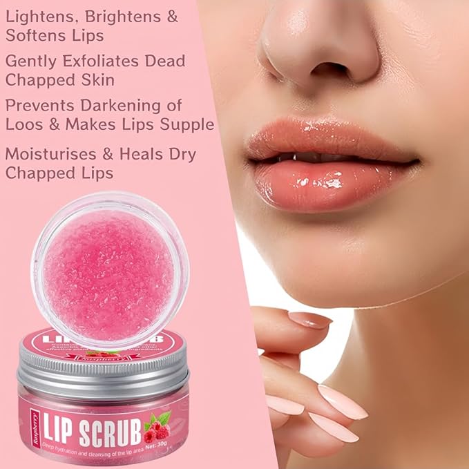 4-Color Fruit-Flavored Lip Scrub for Dry, Cracked & Dark Lips – Exfoliating & Moisturizing Lip Care with Organic Ingredients, Lip Brush – Vegan, Cruelty-Free (20g) (Raspberry flavor, 1PC)