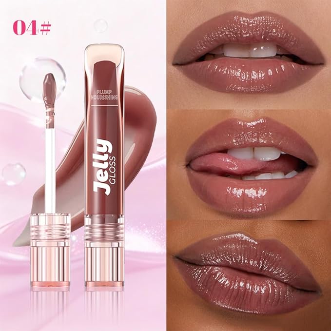 Jelly Lip Gloss, Soft Lip Tint, Instantly creates a Sheer Glass-like Shine, Cool Blue Red Rose Mocha Bean Chocolate Brown Colors, Smoothing, Moisturizing, Plump and Hydrated (B04)