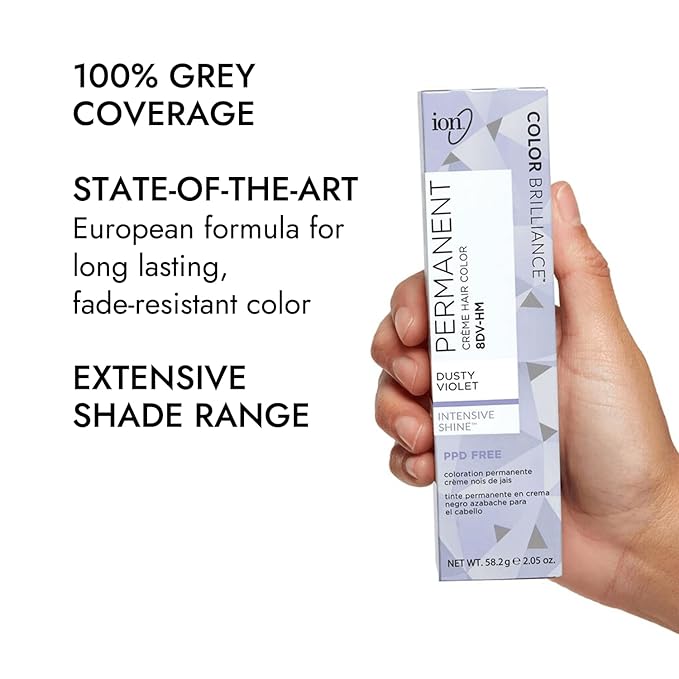 Ion Dusty Violet Permanent Creme Hair Color, 8DV-HM, Paraphenylenediamine Free, Long-lasting, Fade-resistant Color, 100% Gray Coverage, Vegan, Cruelty Free, Nourishing, 2.05 Ounce