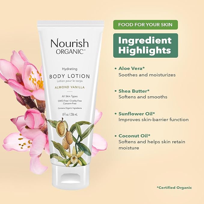 Nourish Organic Body Lotion, Almond Vanilla – Hydrating Body Lotion for Dry Skin with Aloe Vera & Shea Butter (8 Oz) + Washable Cotton Round