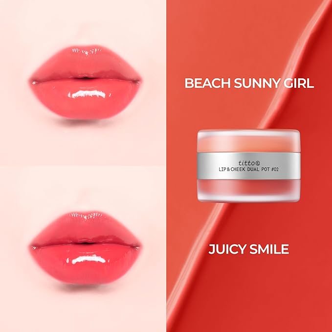 titto Lip & Cheek Dual Pot Blendable & Buildable | Multi-Use Tinted Balm & Blush for Cheeks, Rich Buttery Texture, Long-Lasting, Natural Dewy Finish, Vegan, K Beauty (#02 Juicy Smile/Beach Sunny Girl)