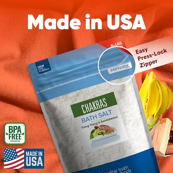 Chakras Bath Salt 128 Ounces (8 Lbs) Epsom Salt with Natural Ylang Ylang and Sandalwood Essential Oils Plus Vitamin C in BPA Free Pouch with Easy Press Lock Seal Made in USA