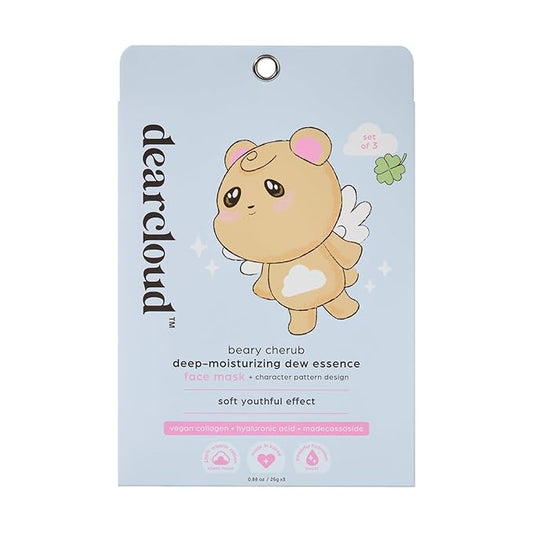 dearcloud Beary Cherub Deep-Moisturizing Dew Essence Face Mask, Korean Sheet Mask - Vegan Collagen, Hyaluronic Acid & Madecassoside (3 Count)