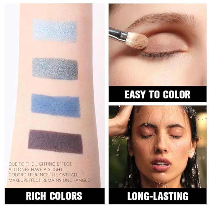 4 Colors Blue Gray Taupe Eye Shadow Powder Palette Makeup, Neutral Matte Shimmer Quad Eyeshadow Palette for Old Women Highly Pigmented Waterproof, paleta de sombras de ojos, Vegan, Cruelty-free