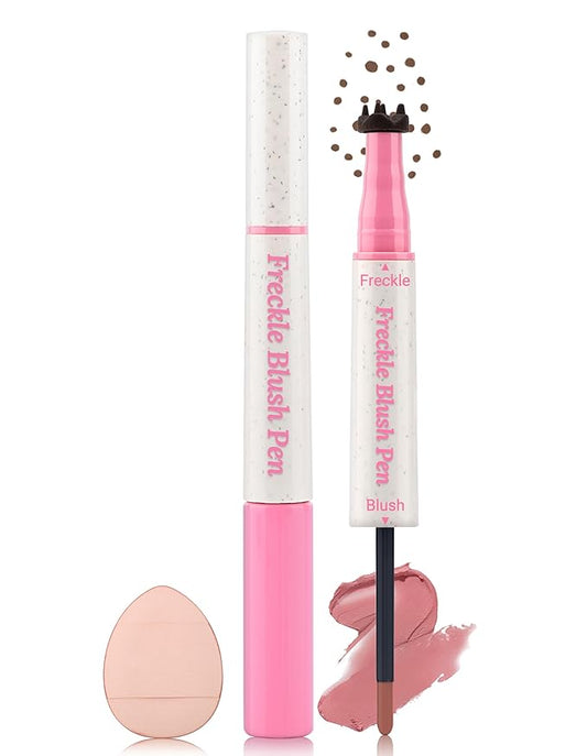Erinde Freckle Stamp Freckles Pen - 2 in 1 Light Brown Liquid Freckle Stamp & Soft Pink Liquid Blush for Cheeks, Long Lasting Waterproof Freckles Tattoo Marker for Natural Sunkissed Makeup, 01