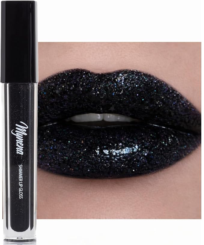 Mynena Black Shimmer Lip Gloss Non-Sticky Filled with Iridescent Sparkles | Lightweight Lip Topper | Paraben-Free | Demi-Sheer Lipgloss from Cosplay to Everyday Glam | Ivony