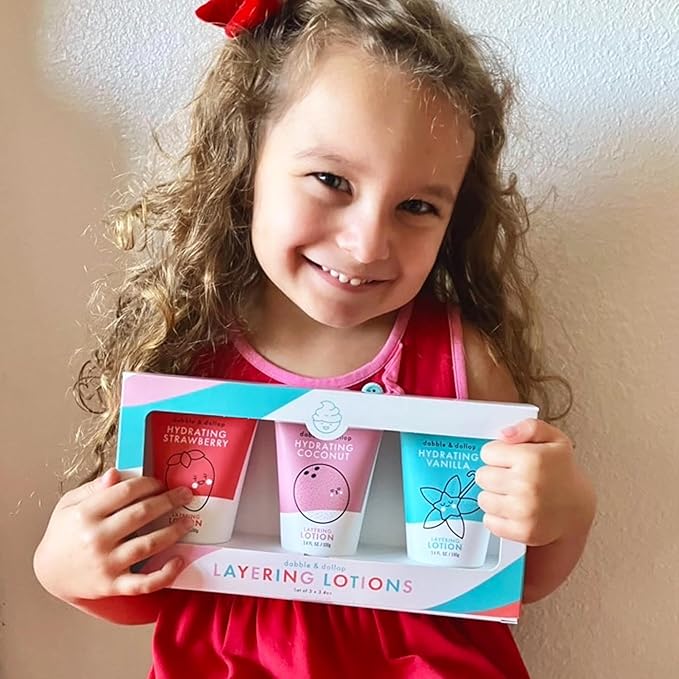 Dabble & Dollop Layering Lotion Set, Hydrating Strawberry, Coconut and Vanilla Scented Lotions for Kids, All-Natural, pDermatologist Tested, Vegan & Cruelty-Free (Set of 3)