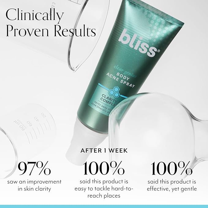 Bliss Clear Genius Body Acne Spray - 3.5 Fl Oz - Maximum Strength 2% Salicylic Acid & Niacinamide - Targets Body Acne & Prevents Future Breakouts - Post Workout - Clean - Vegan & Cruelty-Free