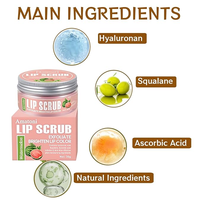 4-Color Fruit-Flavored Lip Scrub for Dry, Cracked & Dark Lips – Exfoliating & Moisturizing Lip Care with Organic Ingredients, Lip Brush – Vegan, Cruelty-Free (20g) (Watermelon flavor, 1PC)