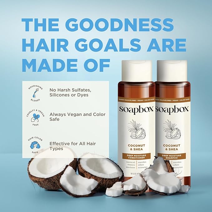 Soapbox Coconut Shampoo and Conditioner Set | Coconut Oil, Jojoba Oil, Aloe & Shea Butter to Moisturize & Nourish All Hair Types | Paraben Free, Silicone Free, Harsh Sulfate Free | 16oz (Pack of 2)