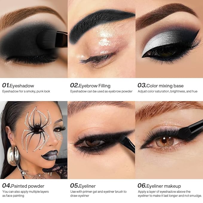 DE'LANCI Single Black Eyeshadow, Matte Eyeshadow Black Eyes Goth Smokey Makeup, Long Lasting Blendable Single Dark Eye Shadow Pallet, for Smoky SFX Halloween Makeup Eyeliner Face Body Paint, #01