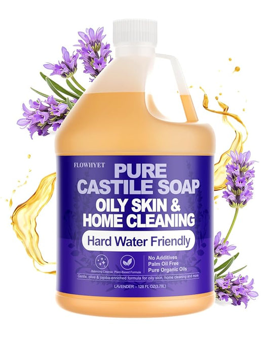 1 Gallon Lavender Liquid Castile Hand Soap Refill, Pure Natural Organic For Oily Skin, Hand, Bath, Body, Laundry, Dishes, Home Cleaning Vegan Hard Water Friendly - Lavender 128 Fl Oz