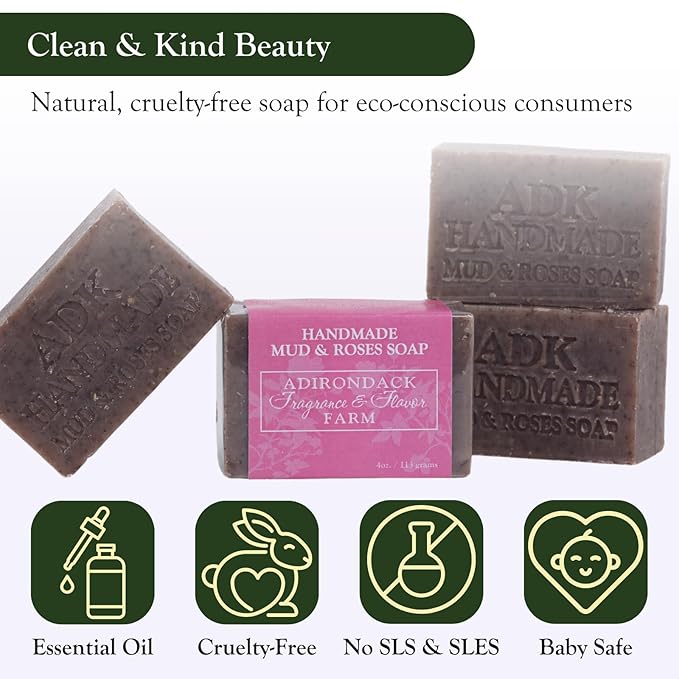 Adirondack Fragrance & Flavor Farm ADK Natural Mud & Rose Soap Bar 4 oz., Handmade Vegan Olive Oil Body Soap for Dry and Sensitive Skin, Moisturising for Men, Women & Babies, Produced in the USA