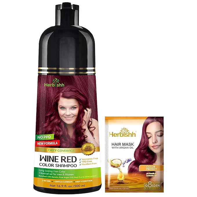 Herbishh Color Shampoo for Gray Hair Coverage (Wine Red) –Hair Dye 3-in-1 Shampoo- Colors in Minutes – Lasts Up To 2-3 Weeks – 500 mL – Ideal for Men & Women