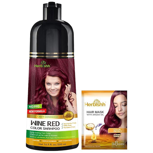 Herbishh Color Shampoo for Gray Hair Coverage (Wine Red) –Hair Dye 3-in-1 Shampoo- Colors in Minutes – Lasts Up To 2-3 Weeks – 500 mL – Ideal for Men & Women