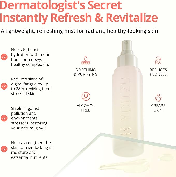 YOUZU Hypochlorous Acid Daily Refresh Spray – Gentle, pH-Balanced Cleanser & Toner – Alcohol-Free, Fragrance-Free, Vegan, Cruelty-Free – Hydrate & Soothe Sensitive Skin