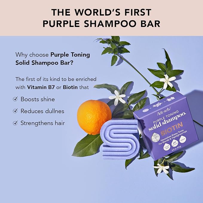 Kitsch Toning Purple Shampoo For Blondes & Color Treated Hair - Shampoo Bar For Women and Men - Biotin Shampoo for Strengthening & Neutralizing Brassy Tones - Vegan, Silicone & Sulfate Free - 3.2 oz