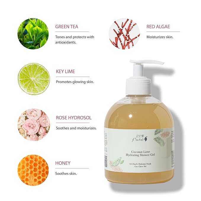 100% PURE Coconut Lime Shower Gel Natural Foaming & Hydrating Body Wash - Deeply Moisturizing Gentle Soap Cleanser for All Skin Types, Even Sensitive - Gluten-Free - 16 Fl Oz