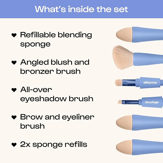 Alleyoop Multi-Tasker 4-in-1 Travel Makeup Brush Set – Compact Makeup Brushes with Blending Sponge, Eyeshadow, Eyebrow & Liner, Blush & Bronzer Brush – Mini Makeup Tools Kit for Women, Vegan