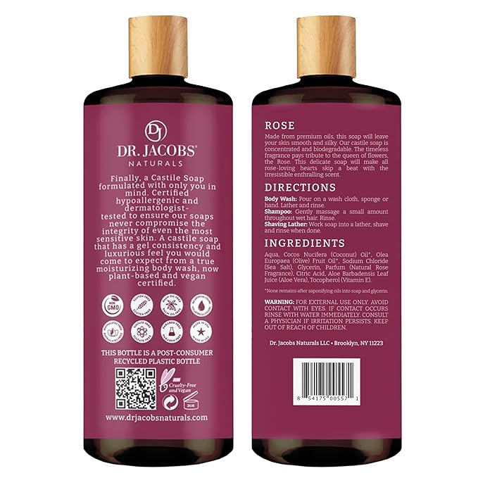 Dr. Jacobs Naturals Pure Castile Soap Liquid Body Wash, Rose - Plant Based Body Soap Infused with Vitamin E and Aloe Vera to Moisturize Dry and Sensitive Skin - Made in The USA - 32 oz, Pack of 1