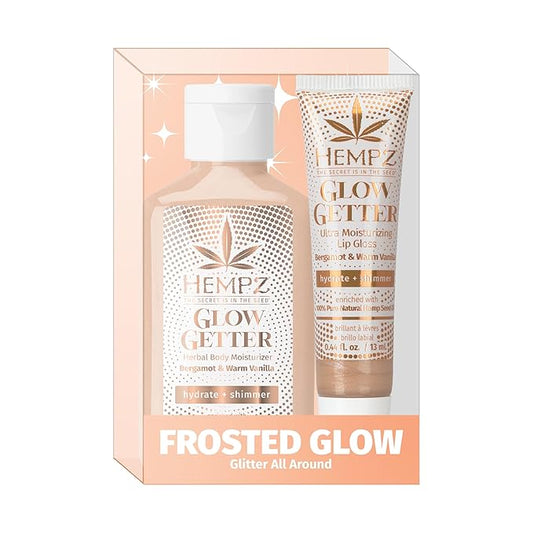 Hempz Frosted Glow Kit, Illuminating Mini Body Lotion and Shimmer Lip Gloss Duo, Limited Edition Glitter Gift Set, 2.25 oz and .44 oz