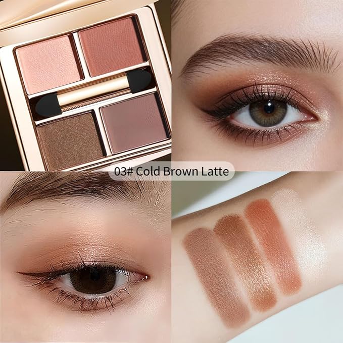 Warm Neutral Brown Eyeshadow Palette, 4 Matte & Shimmer Shades for Natural Everyday Eye Makeup — Blendable Caramel Mocha High Pigment Long-Lasting Crease-Resistant Soft Glam Eye Shadow Kit