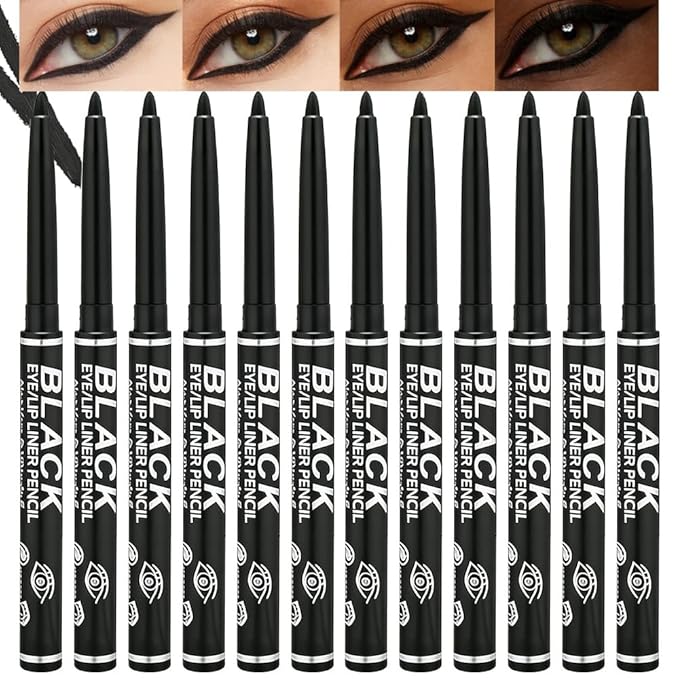 Professional Makeup Retractable Eye Liner, Black, Inner Eyeliner Eye Shadow Eyebrow Pencils (Black - Pack of 12)