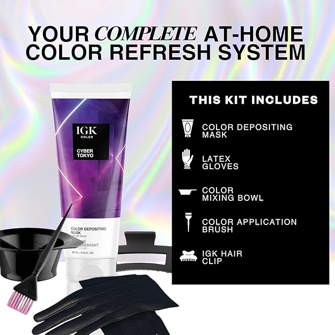 IGK Hair Gloss Toner & Depositing Mask + At-Home Color Tool Set | Cyber Tokyo Intense Violet | Semi-Permanent Shine + Tone | Salon-Quality Application