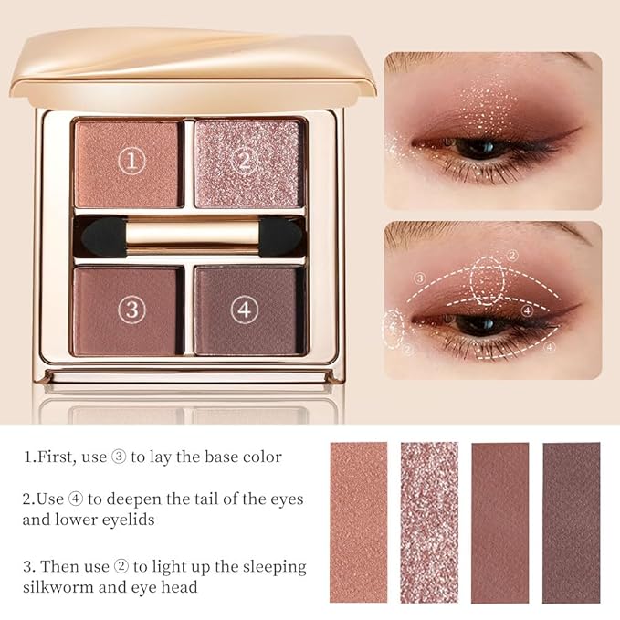 Warm Brown Eyeshadow Palette, 4-Color Matte & Shimmer Neutral Eye Shadow Kit for Soft Glam & Smokey Looks — High Pigment, Long-Lasting, Blendable Warm-Tone Makeup for Brown, Hazel & Green Eyes