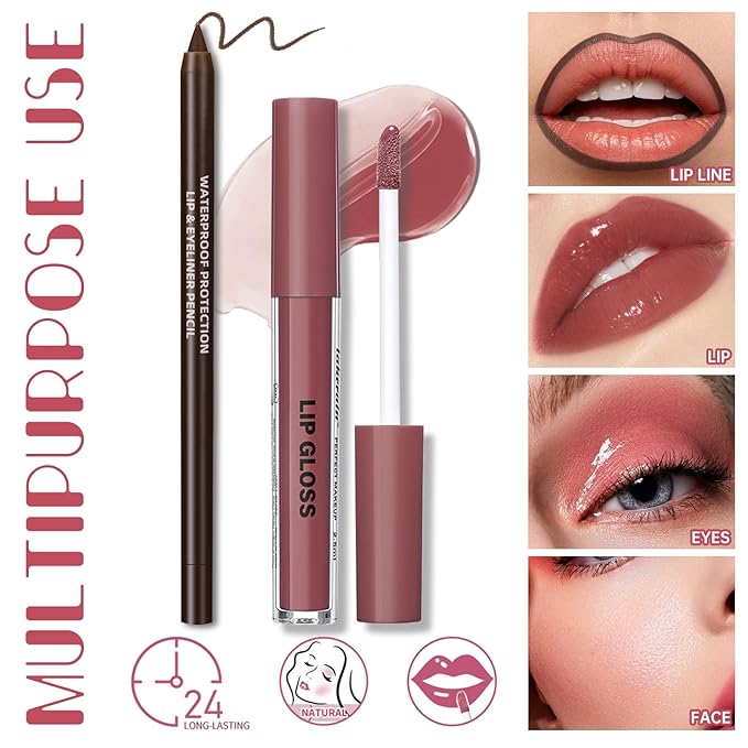 Nourishing Lip Gloss Moisturizing High Shine Fresh Lightweight Glossy Plumping Lip Combo for Women, Long Wear Lip Glow Oil with Brown Lip Liner Set Non-Sticky Liquid Lipstick Makeup#12