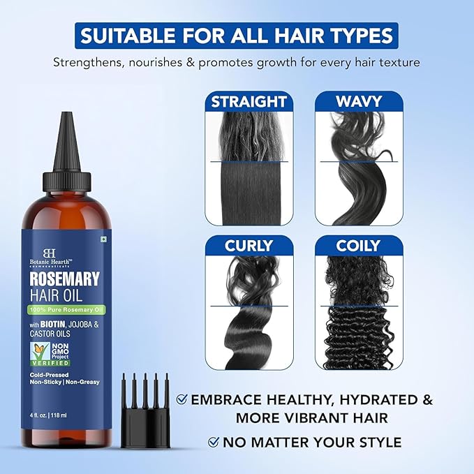Botanic Hearth Hair Oil for Hair Growth | Rosemary Oil for Hair Growth with Biotin, Castor & Jojoba | Hair Relaxers & Dry Scalp Treatment | Color Safe | All Hair Types | 4 Fl Oz