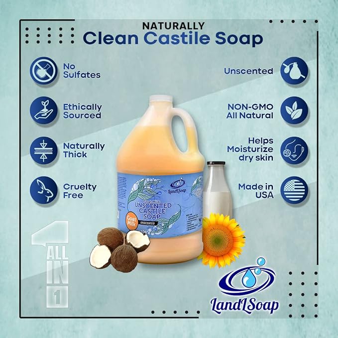 Goat Milk Unscented Pure Castile Soap Liquid for Face, Hand & Body Wash-Hand Made Soap, Vegan, Made in USA, Dry & Sensitive Skin (Half Gallon)