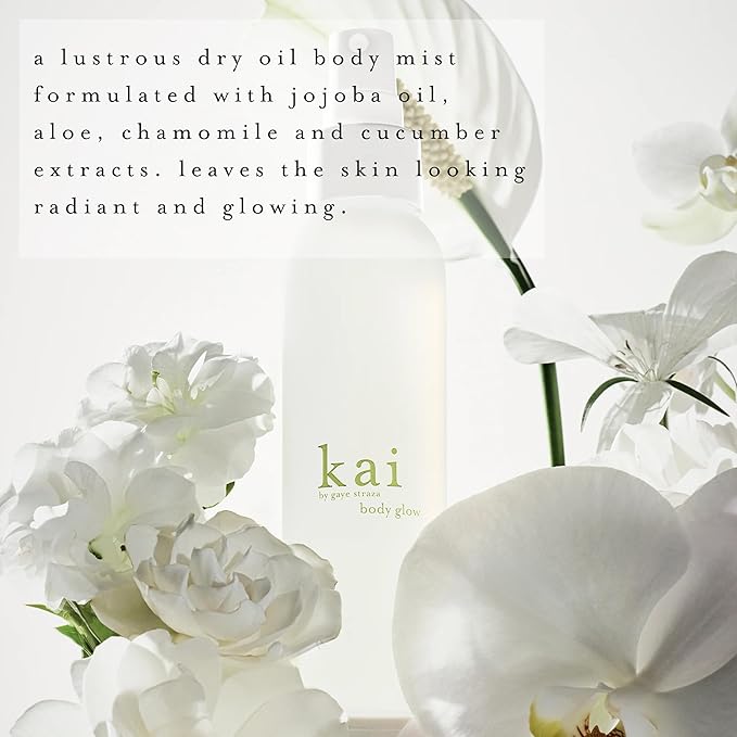 kai body glow, 4 Fl Oz, dry body oil with jojoba, chamomile, cucumber extracts, moisturizes and leaves a radiant glow with a fresh + clean fragrance, vegan, cruelty free, made in the usa