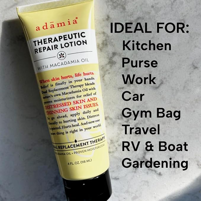 Adamia Therapeutic Repair Lotion with Macadamia Nut Oil and Promega-7, 4 Ounce Tube - Fragrance Free, Paraben Free, Non GMO