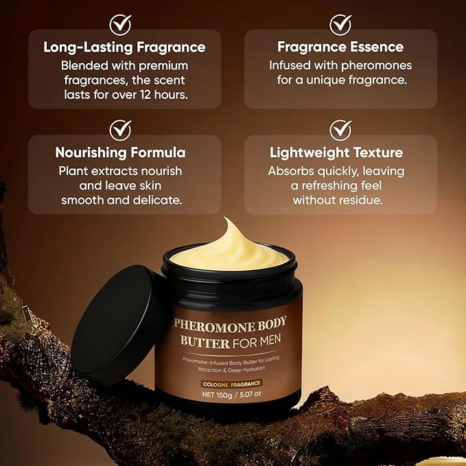 Pheromone Body Butter for Men, Body Skin Cream with Shea Butter, Cocoa Butter & Coconut Oil, Long-Lasting Fragrance, Deep Hydration, Non-Greasy, Alcohol-Free, Vegan (1)